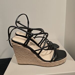 Marc Fisher Black and Tan Strappy Wedges